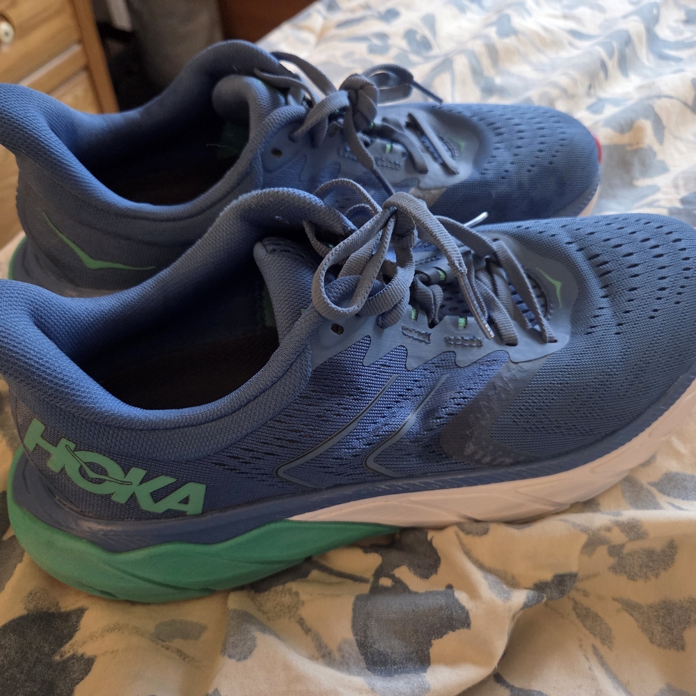 Hoka One One Arahi Blue and Green Athletic Shoes.